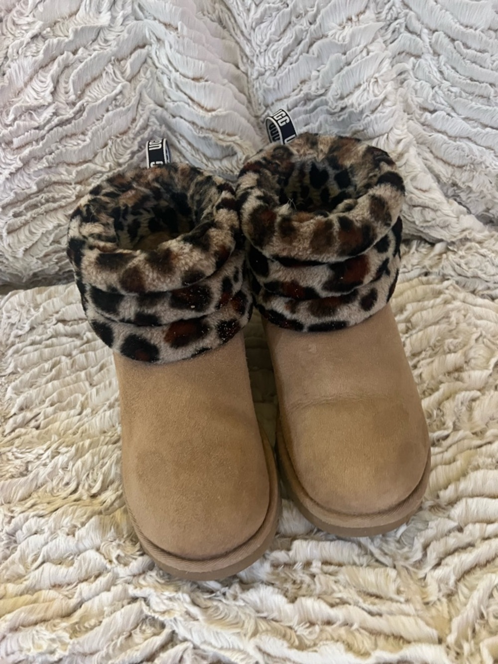 UGG Chestnut Suede Ankle Boots with Leopard Faux-Fur Cuff